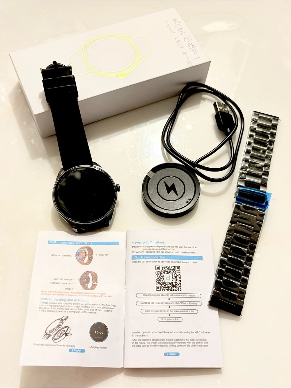 Smart Watch with Black Silicone Strap and Silver Metal Band